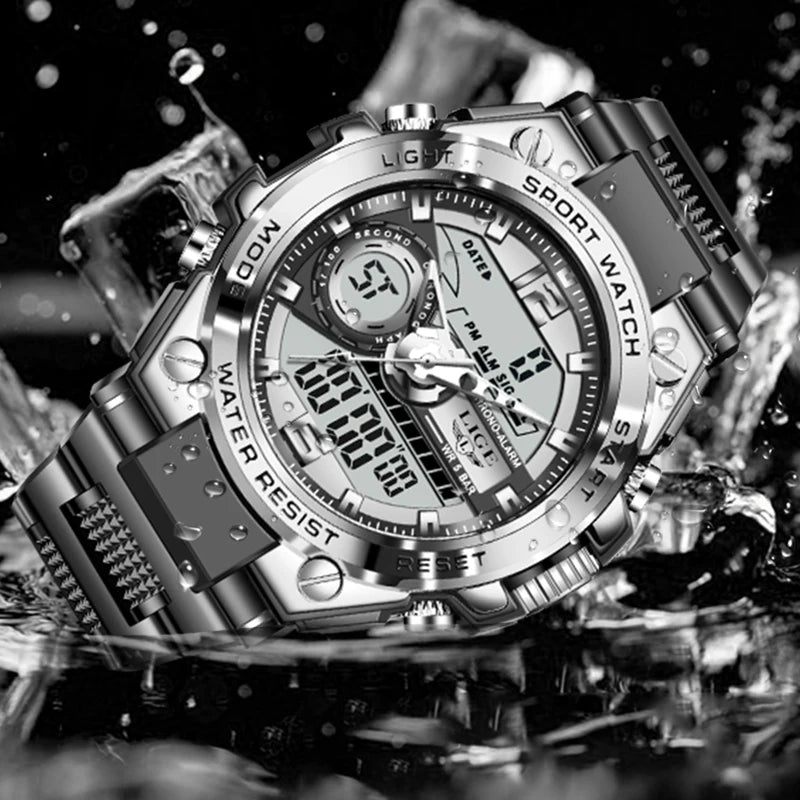 LIGE Men Sport Watch 50M Waterproof Dual Display Analog Digital Watch LED Backlight Chronograph Quartz Wristwatch Gift Box Set
