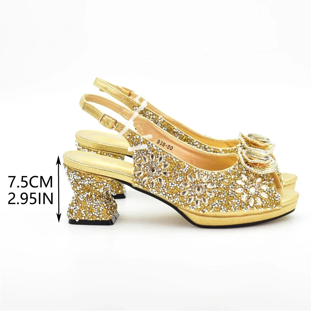 Italian Shoes and Bags Matching Set with Rhinestone Nigerian Women Shoes and Bag Set with Appliques Full Crystal for Dress
