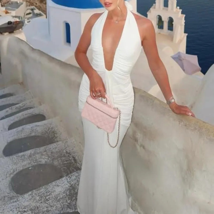 ABYOVRT Women Deep V Neck Ruched Maxi Dress Sleeveless Halter Gown Cocktail Evening Formal Dresses