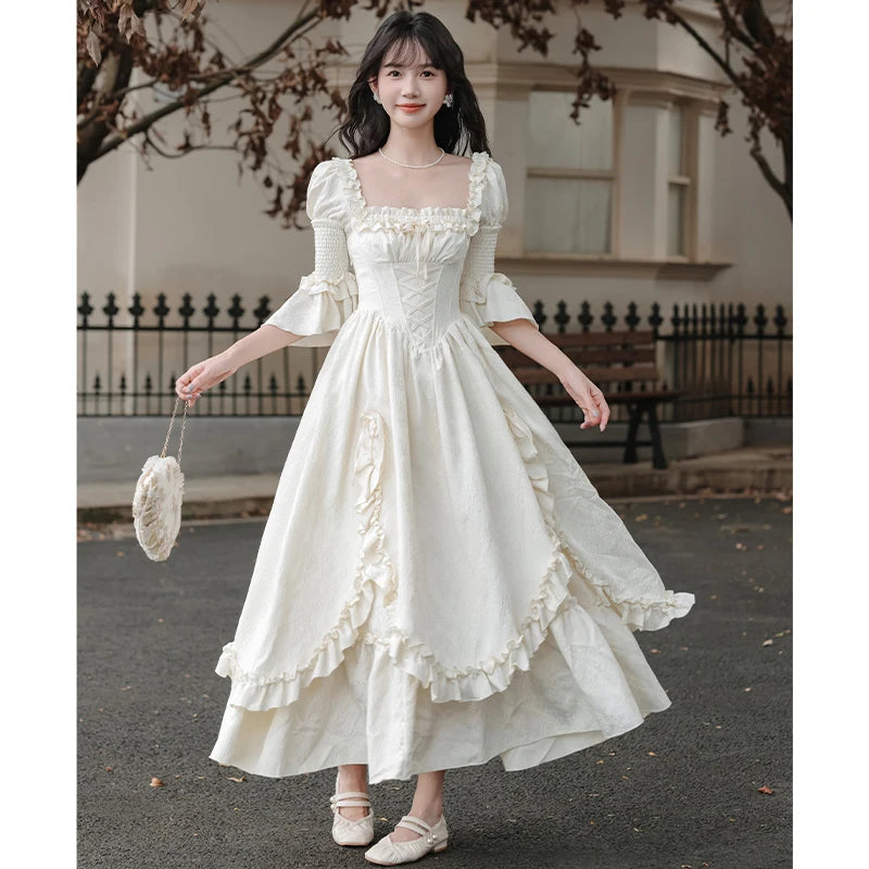 Fairycore Women Princess Party Midi Dress Square Collar Bow Fairy Ruffles Classical Dress Half Sleeve Gorgeous Feminine Dresses