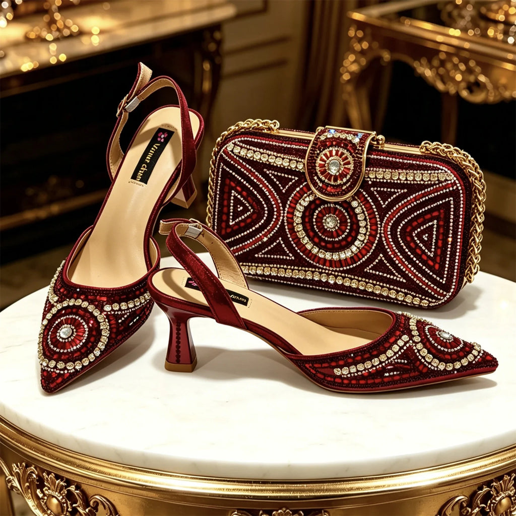 Elegant Purple Pointed Pumps Decoration Wavy Rhinestone Evening Bag For Wedding Women Heels Shoes Matching Bag Heels