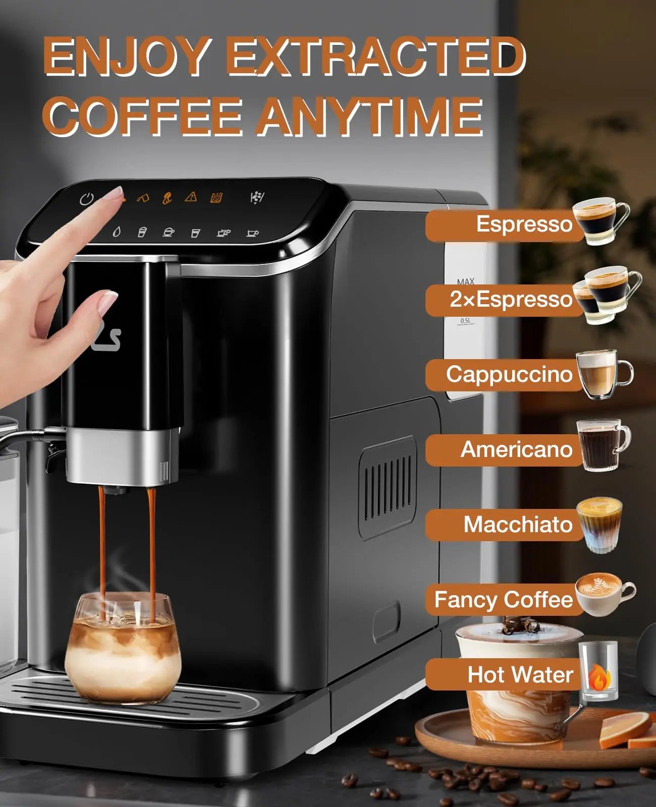 20 Bar Fully Automatic Espresso Machine With Grinder Milk Frother One-Touch 6 Recipes 1.5L Tank Self-Cleaning For Home Office