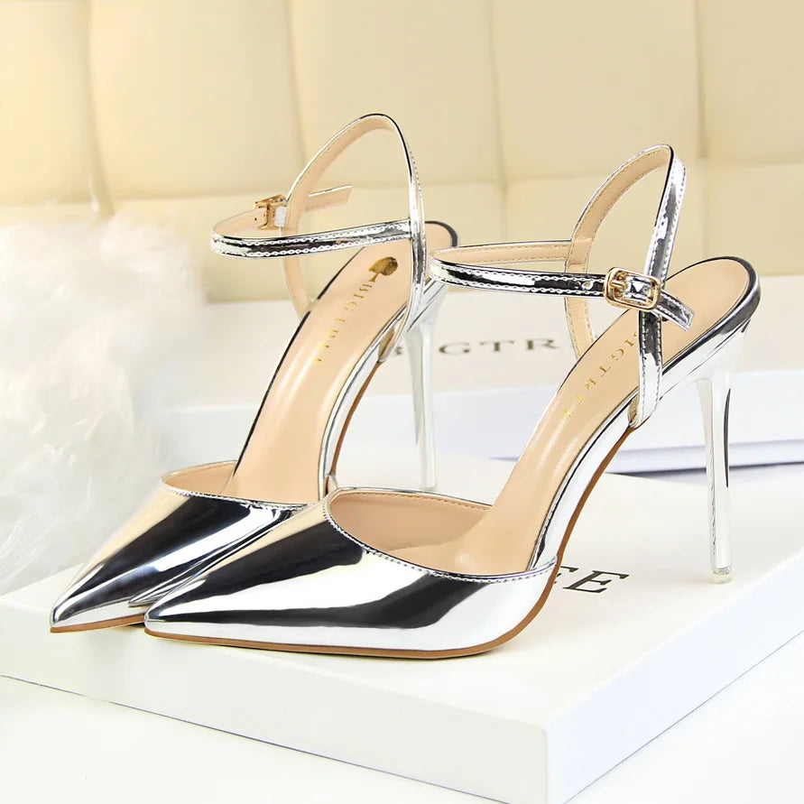Women 10.5cm High Heels Sandals Lady Metallic Gray Patent Leather Stripper Ankle Strap Sandles Wedding Fetish Nightclub Shoes