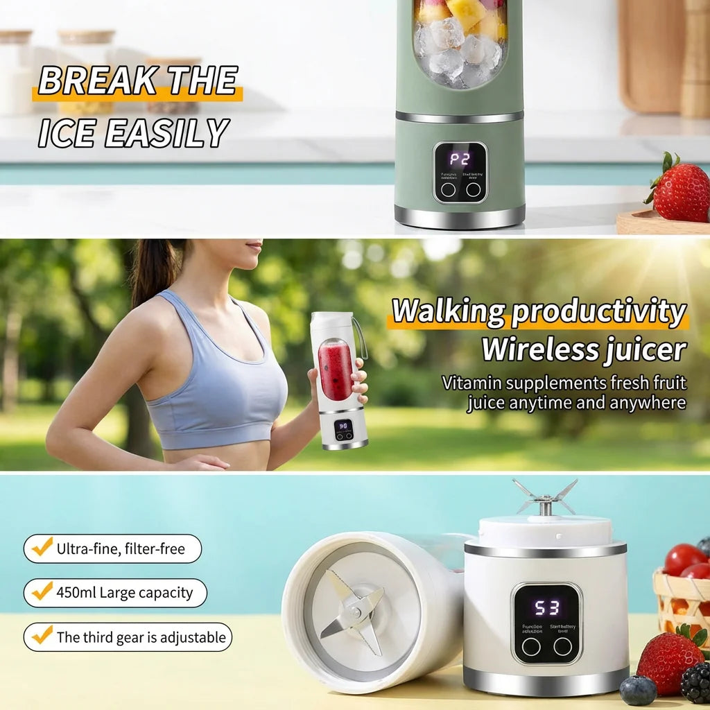 Mini Electric Juicer 450ML Large Capacity with Powerful Motor Digital Display for Crushed Ice Household Rechargeable Juice Cup