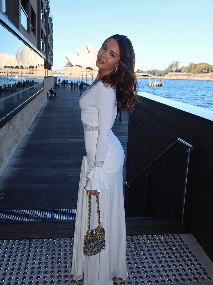 Women Elegant Long Sleeve Deep V-Neck Maxi Dress White Slim Fit Ruched Lace Patchwork High Waist Party Wedding Sexy Evening Gown