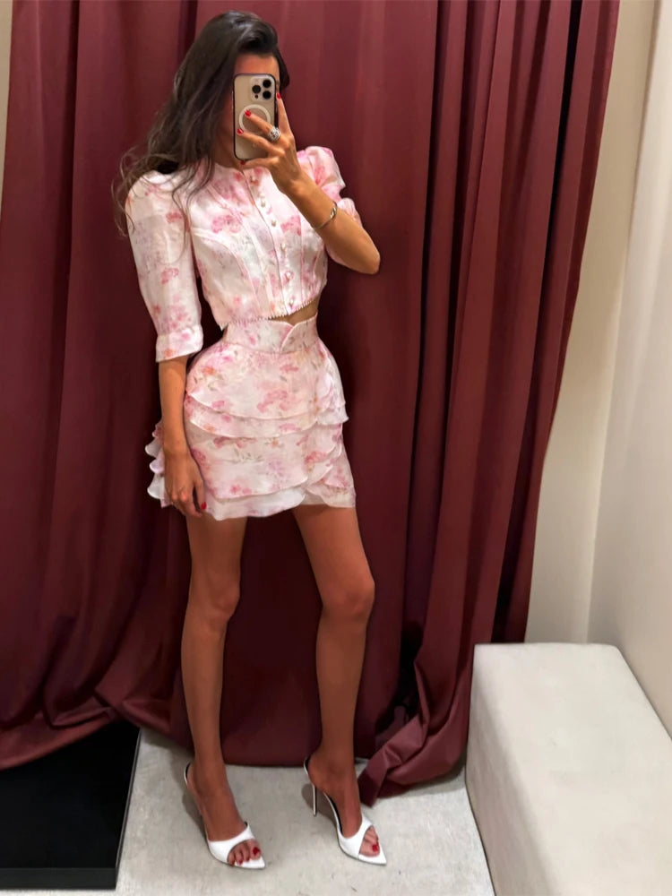 Elegant Printed Ruffle Mini Skirt Set Women Bubble Sleeves Round Neck Cropped Top Layered Skirts Sets 2026 Lady Vacation Outfits