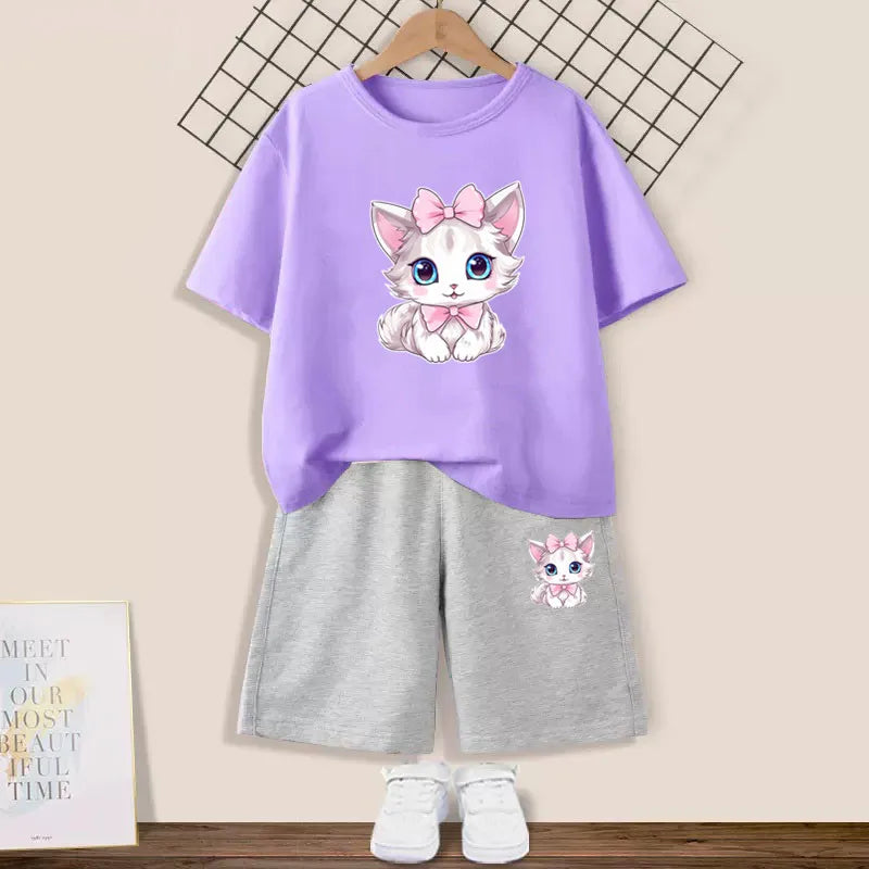 Girls Happy Cat Printed 2PC Outfit Set Summer Fashion Short Sleeve T-Shirt And Shorts Combo Cute Kids Clothing