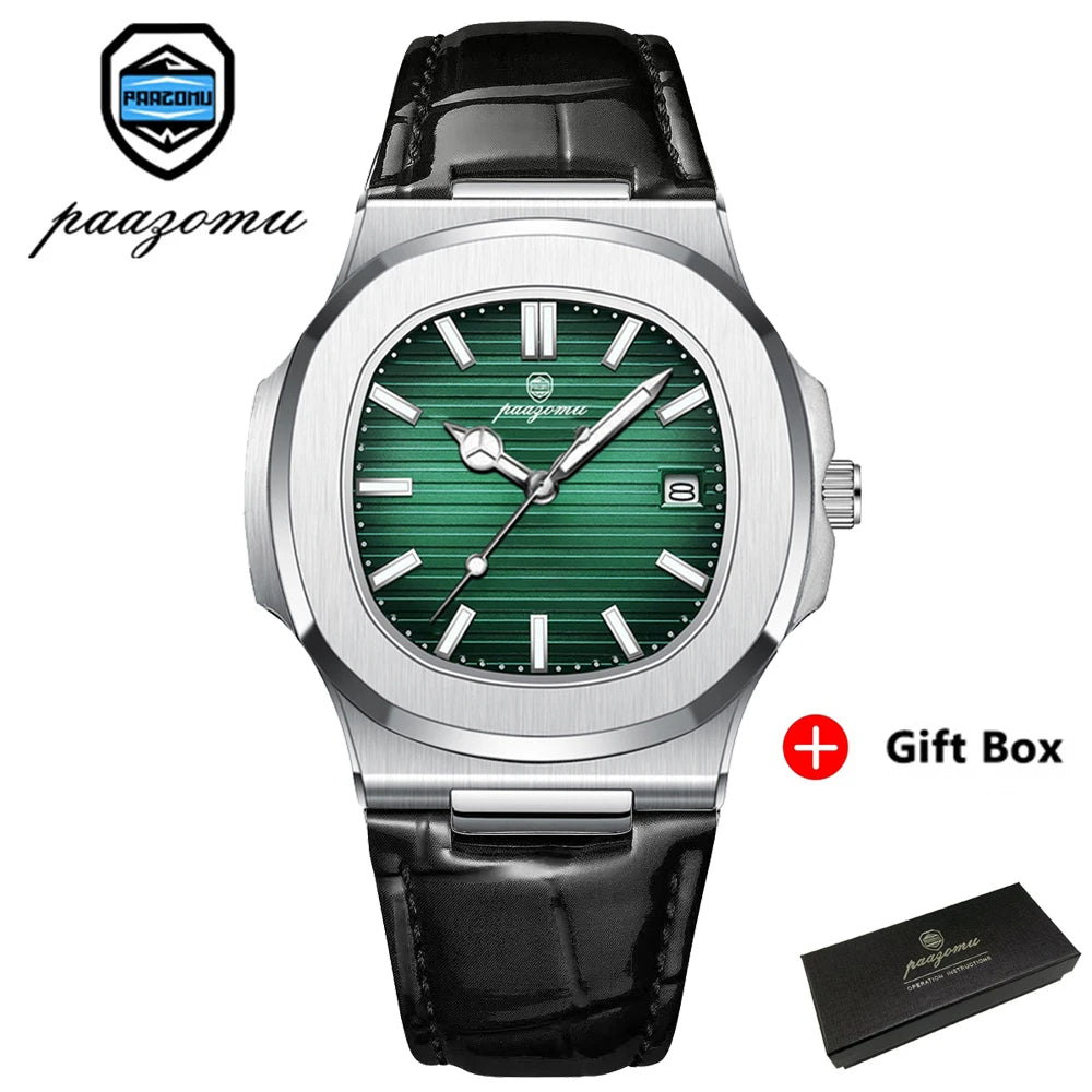 PAAZOMU Top Luxury Square Man Watch Date Waterproof Luminous Men Wristwatch High Quality Leather Men's Quartz Watches+Box Reloj
