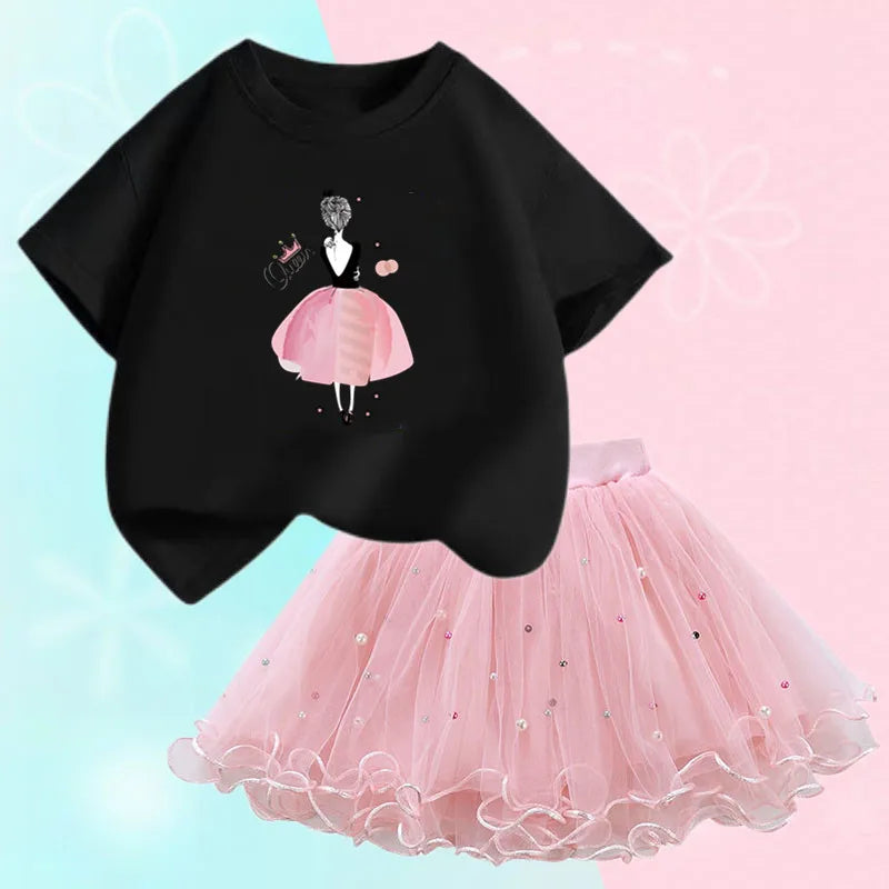 Fashion Summer Girls Outfits Pretty Ballet Dance Girl T-shirt and Tutu Skirt Set for Princess Clothes Suit Children Clothing
