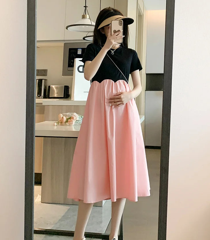 2025 French Style Pregnant Women Elegant Dress Plus Size Long Sleeve O-Neck High Waist Maternity A-Line Dress Long Loose Clothes