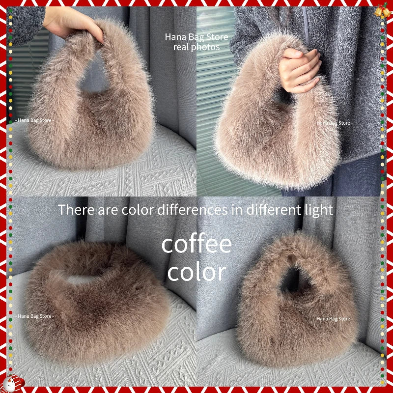 Winter Casual Furry Shoulder Bags for Women Solid Color Soft Plush Ladies Clutch Purse Handbags Lightweight Female Hobos Bag
