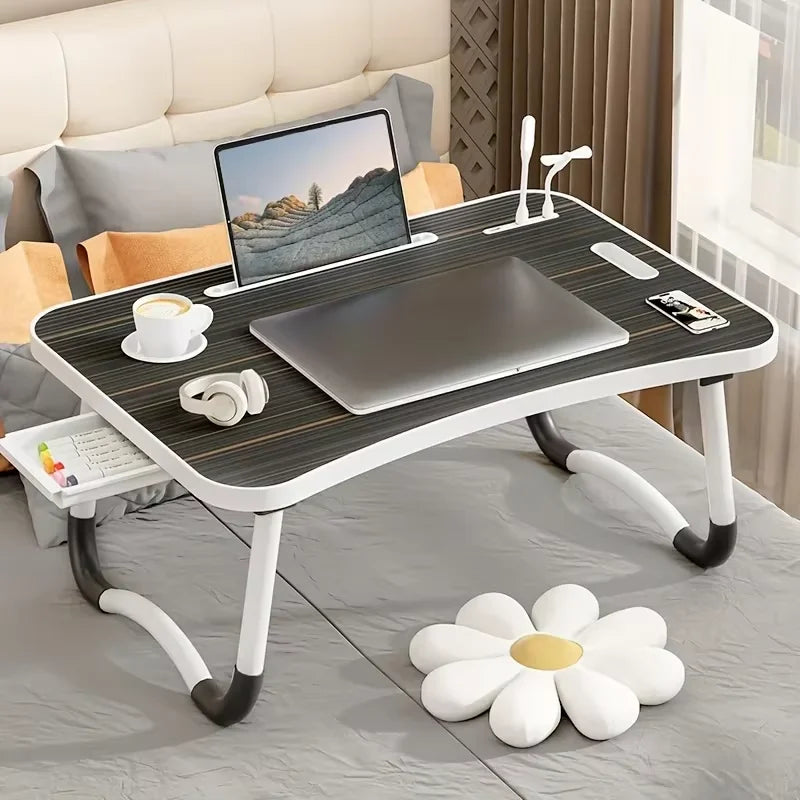 Portable Laptop Desk with USB Light & Fan, Built-in Cup Holder & Tablet Slot, Foldable Adjustable Laptop Table for Bed Sofa Work