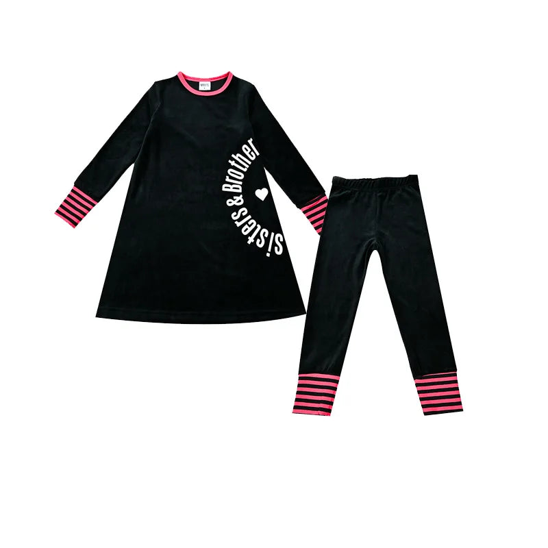 Children's Matching Clothes Set Siblings Black Velour Letters Print Boy And Girl Autumn Winter Comfortable Clothing