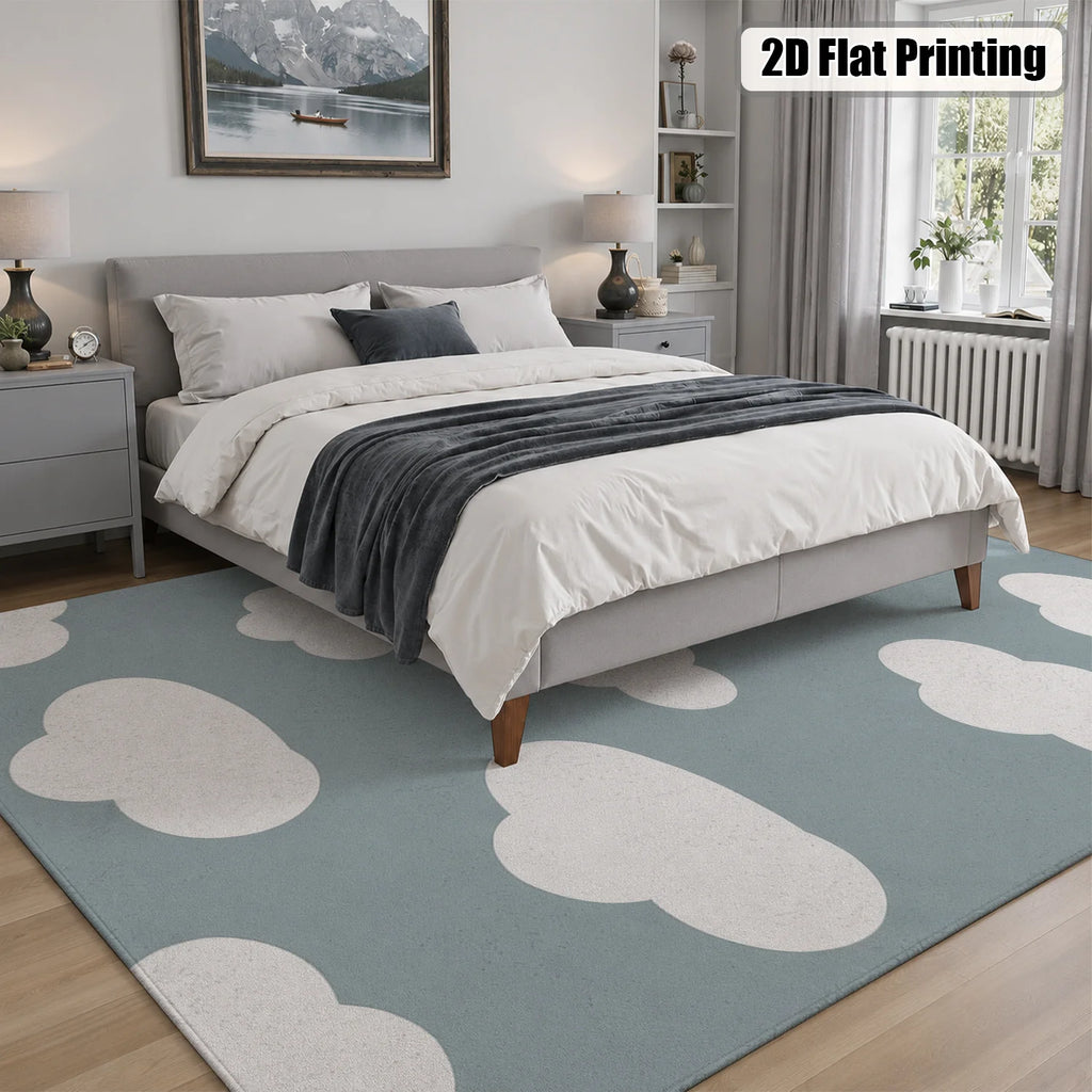 Large Indoor Area Rug, Soft Velvet Low Pile with Non-slip Dotted Backing, Machine Washable, Light Blue with White Cloud Pattern for Living Room, Bedroom, Nursery