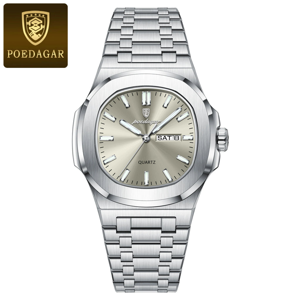 POEDAGAR Luxury Square Men's Watches Waterproof Luminous Date Week Men Watch Stainless Steel Fashion Quartz Man Wristwatch Reloj