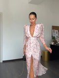 Women Floral Print Short Sleeve Maxi Dress Fashion V-neck Ruffle Trim Belted Slit Hem Dresses Casual Lady Daily Vacation Gowns