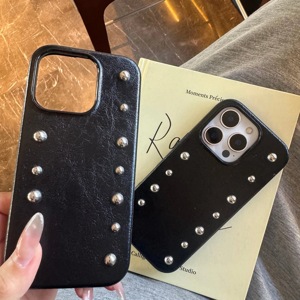 Advanced Black Leather Stereoscopic Metal Rivets Round Bead Shock Proof Phone Cover Case for iPhone 17 16 15 14 Pro Max 17Air