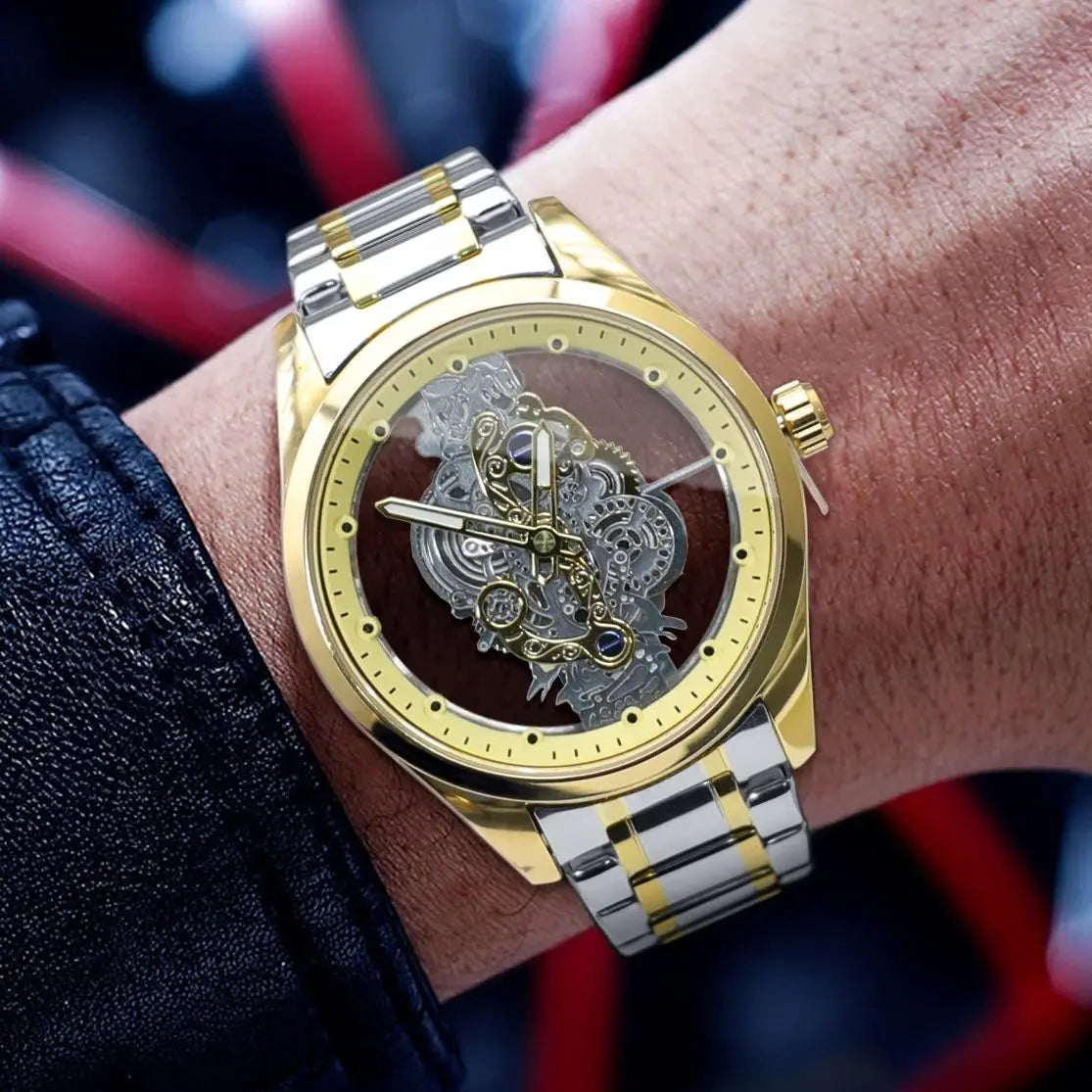 Hot Trendy Fashion Wholesale Men's Golden Skeleton Automatic Quartz Wrist Watches Luxury