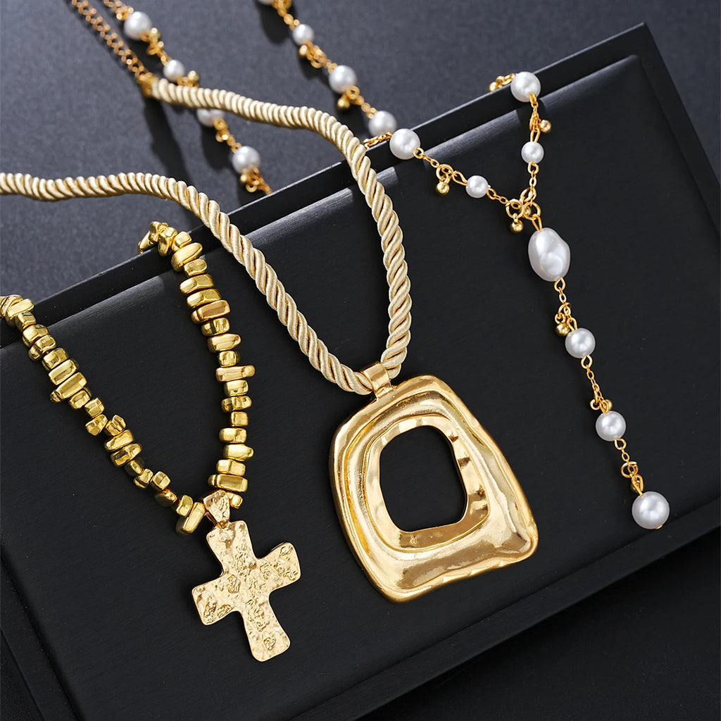 3pcs Exaggerated Irregular Cross Pendant Necklace Set For Women European and American Vintage Pearl Beads Necklace Party Jewelry