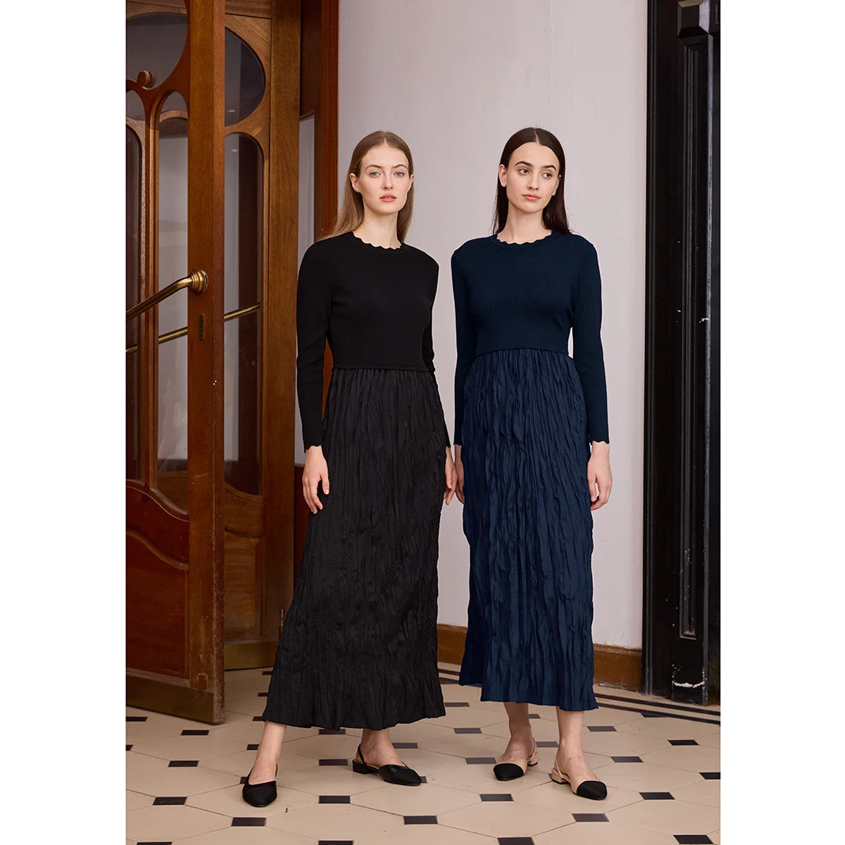 AP 2026 Women Autumn and Winter Crinkle Dress Knitting Patchwork Elegant Lady Maxi Dress