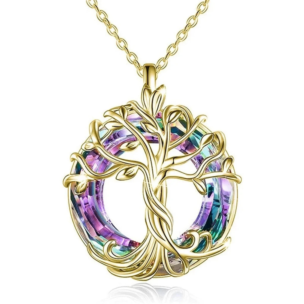 Tree of Life Necklace with Circle Crystal Exquisite Family Tree Pendant Design Jewelry Gift for Women Mom Daughter