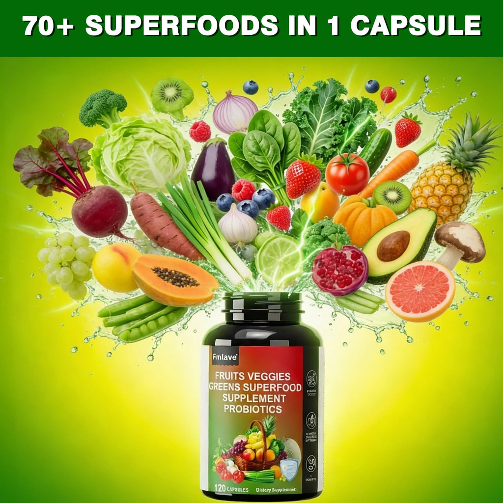 Fmlave Fruits and Veggies Supplement Reds & Green Superfood - Balance of Over 70 Fruit & Vegetable Supplements Capsules with Probiotics Prebiotics Digestive --120Caplules
