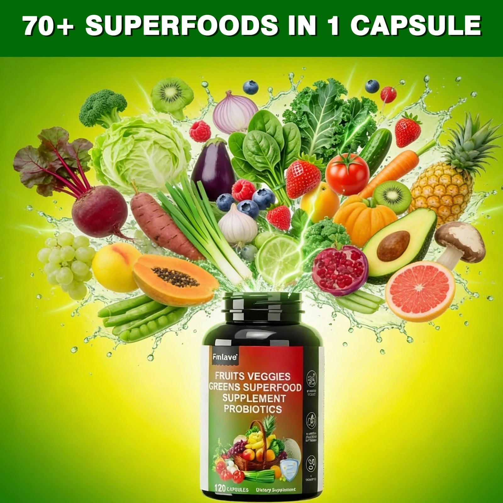 Fmlave Fruits and Veggies Supplement Reds & Green Superfood - Balance of Over 70 Fruit & Vegetable Supplements Capsules with Probiotics Prebiotics Digestive --120Caplules