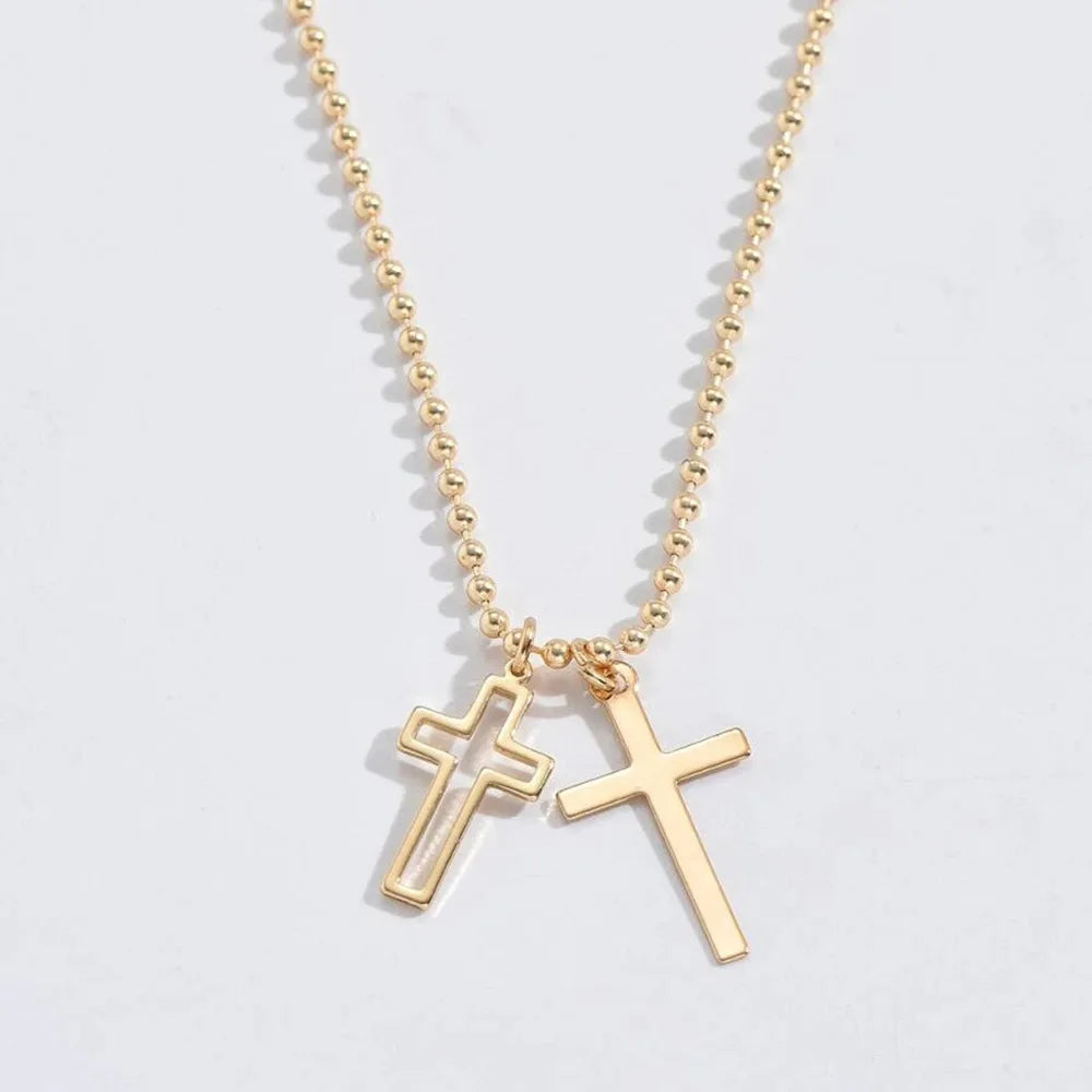 Stainless Steel Double Cross Pendants Necklace for Women Men Minimalist Gold Color Beaded Chain Choker Jewelry Gift