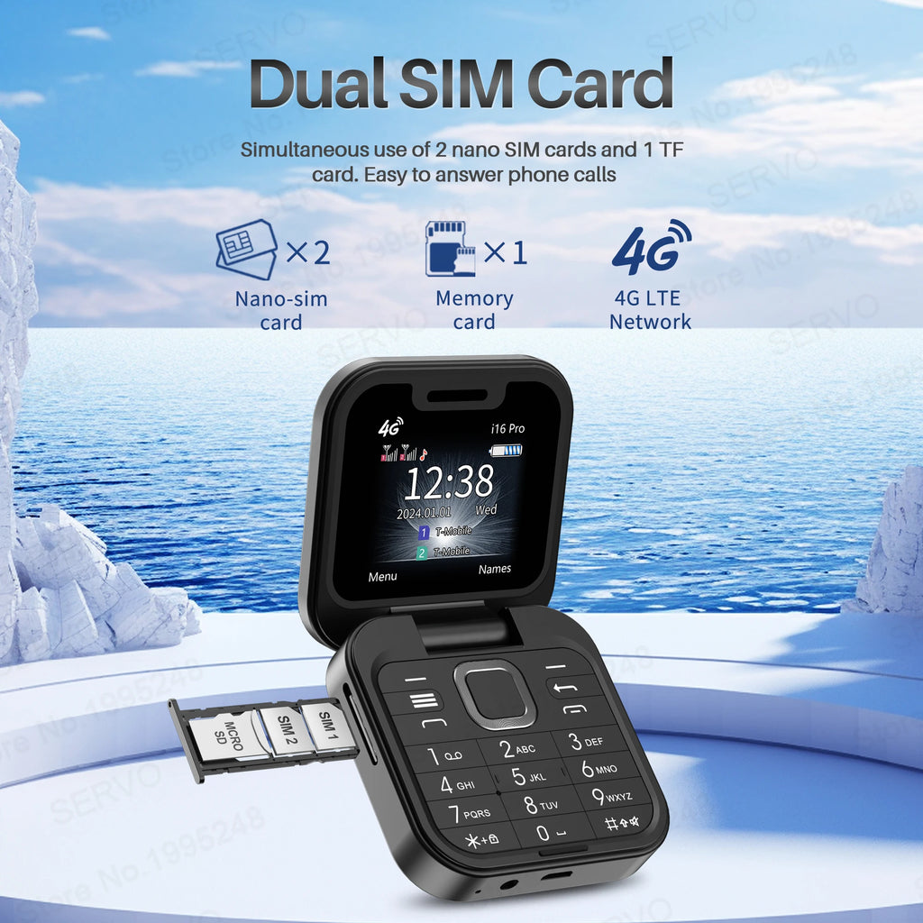 SERVO I16 PRO 4G LTE Foldable Mini Mobile Phone 2 SIM Speed Dial Call Recording Flashlight 1.77'' Screen Flip Cellphone Blacklis