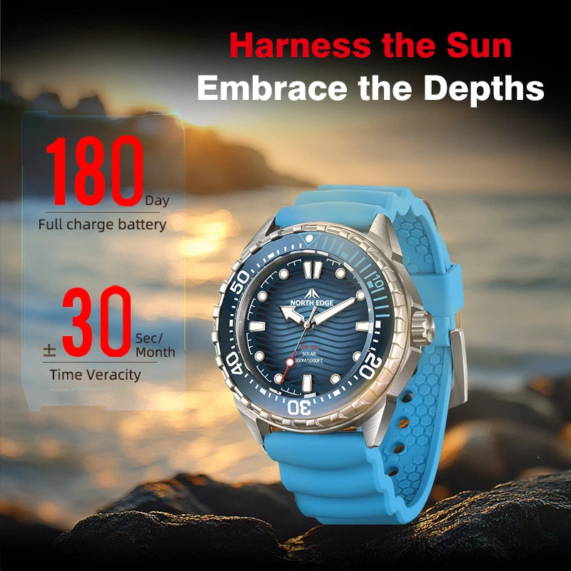 NORTH EDGE TRITON-TI Titanium Stainless Solar-Powered Diving Watch Luxury Quartz Watches For Men 300M Waterproof 180+ Day Power