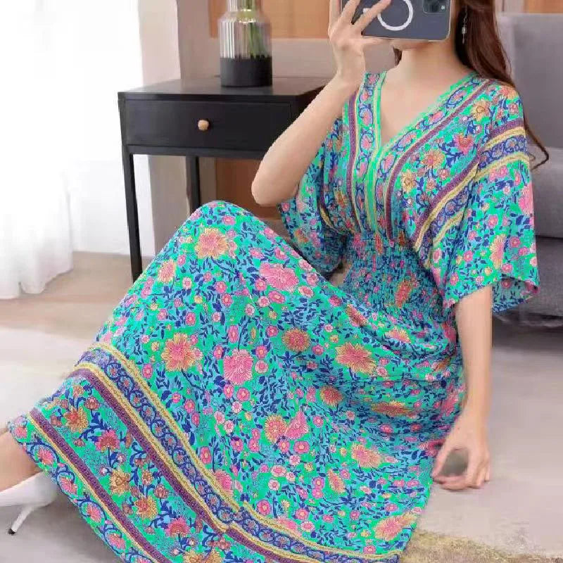 2025 Summer New Casual Elegant Retro Bohemian Style V-neck Elastic Waist Large Swing Printed Long Skirt Autumn Summer Dress