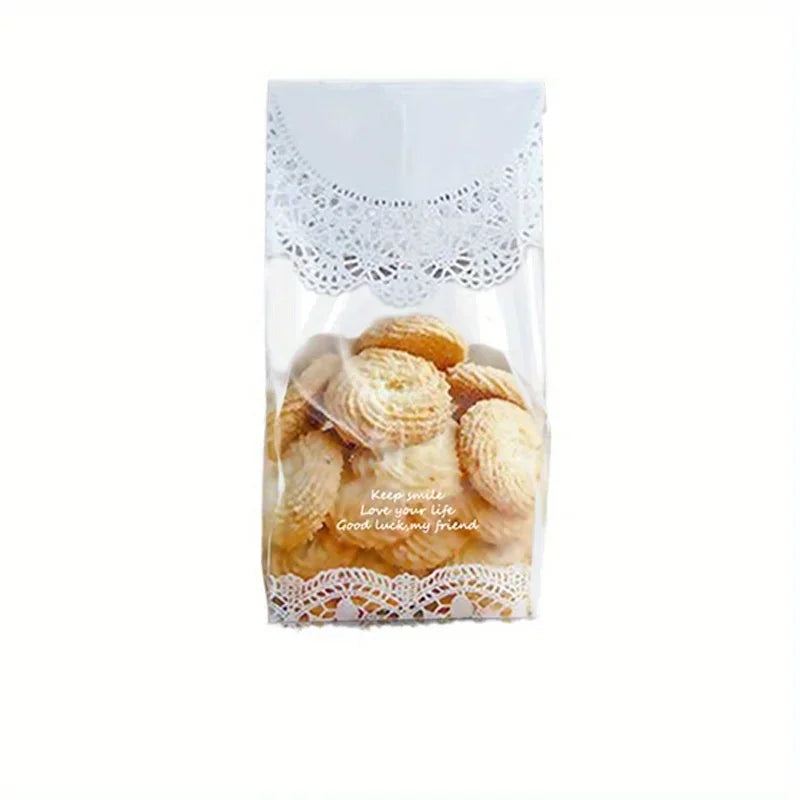 50pcs/lot White Lace Cookie Biscuit Bag Wedding Gift Candy Cupcake Hand Made DIY Christmas Plastic Packaging Bags