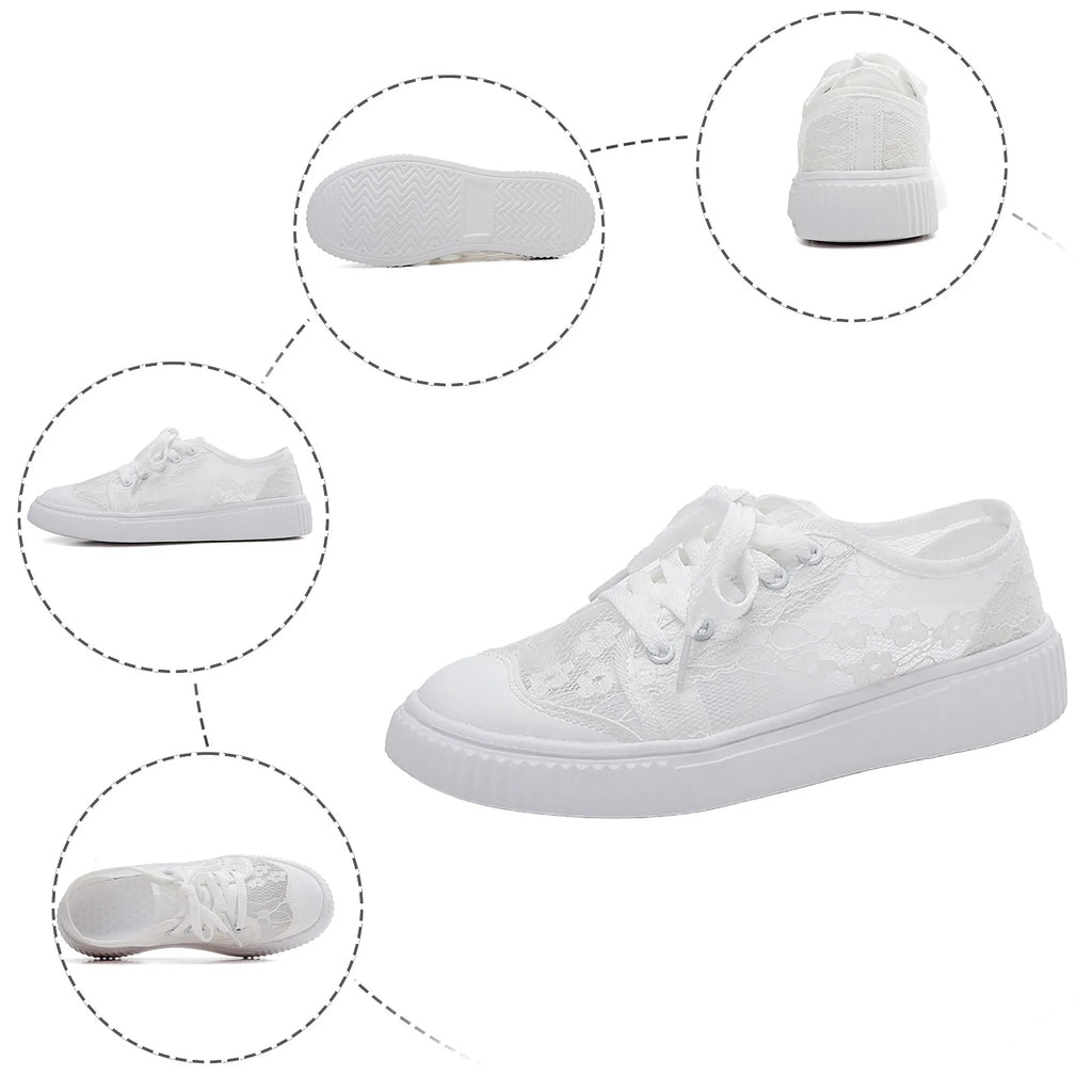 Women's Floral Lace Breathable Platform Shoes Spring Summer Thick Mid Top Lace Up Shoes Comfortable Outdoor Daily Casual Shoes