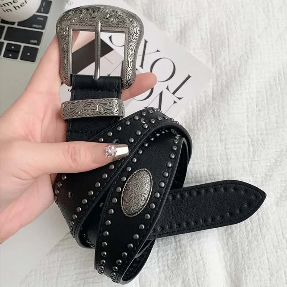 Strap Buckle Cool Black Rivet Belt American Style Wide PU Vintage Waistband Adjustable Alloy Coffee Y2K Belt Waist Seal