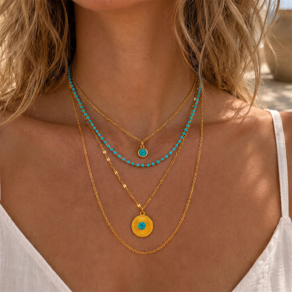 4 PCS Stainless Steel Turquoise Layered Necklace for Women Boho Gold Plated Sun Pendant Party Jewelry Gift for Her Waterproof