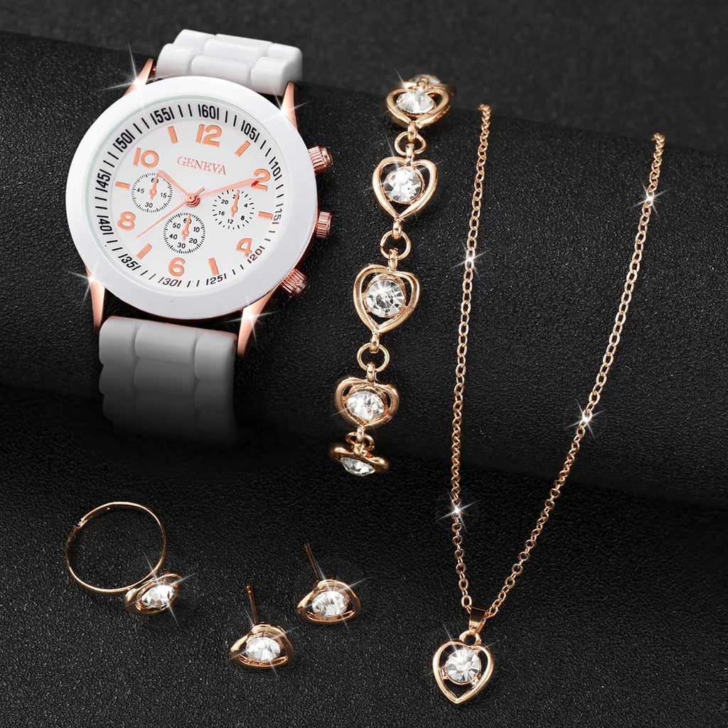 6PCS/Set Women's Watch Casual Silicone Band Analog Quartz Watch Rhinestone Heart Jewelry Set(Without Box)