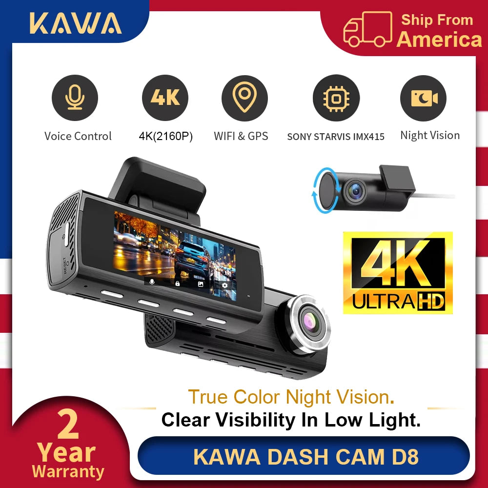 KAWA Dash Cam D8 4K Voice Control For Sony IMX415 Dashcam Night Vision 24Hours Parking Monitoring Loop Recording WiFi6 Built-in GPS G-sensor Car DVR