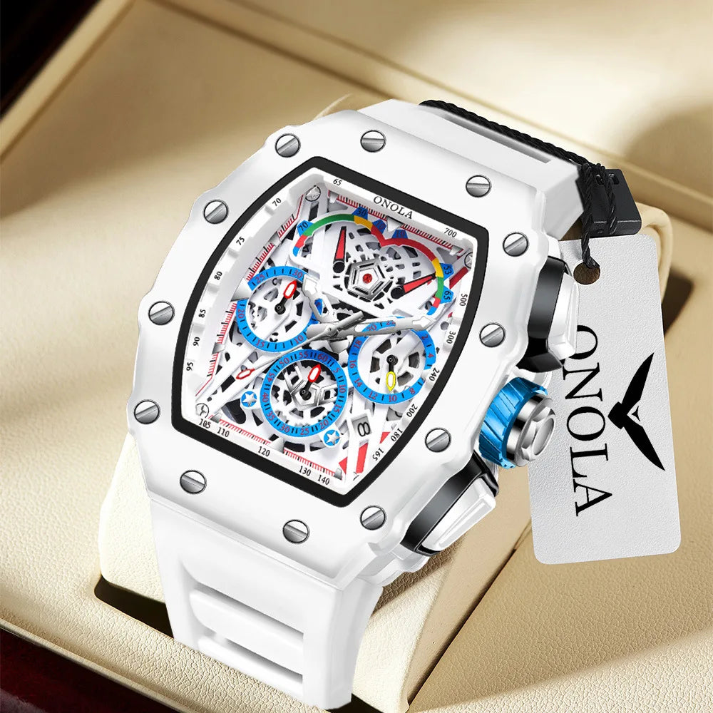 Watches for Man ONOLA 6827W Trend White Men Watch Waterproof Chronograph Quartz Wristwatch Sports Silicone Strap Reloj Hombre
