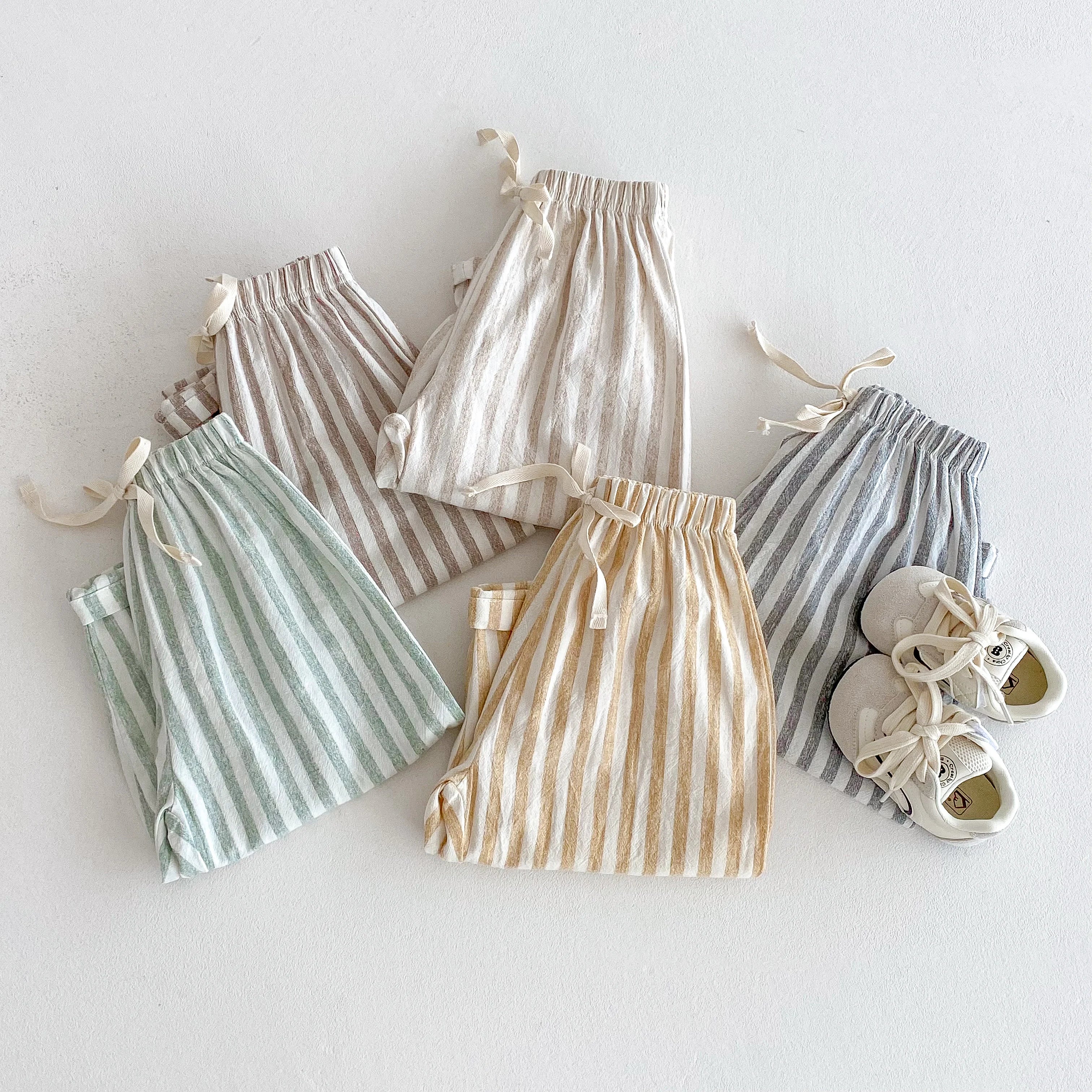 Vintage Linen Cotton Stripe Pants for Boys Casual Pocket Design Elastics Waist Pants for Toddler Girl Clothing Children Trousers