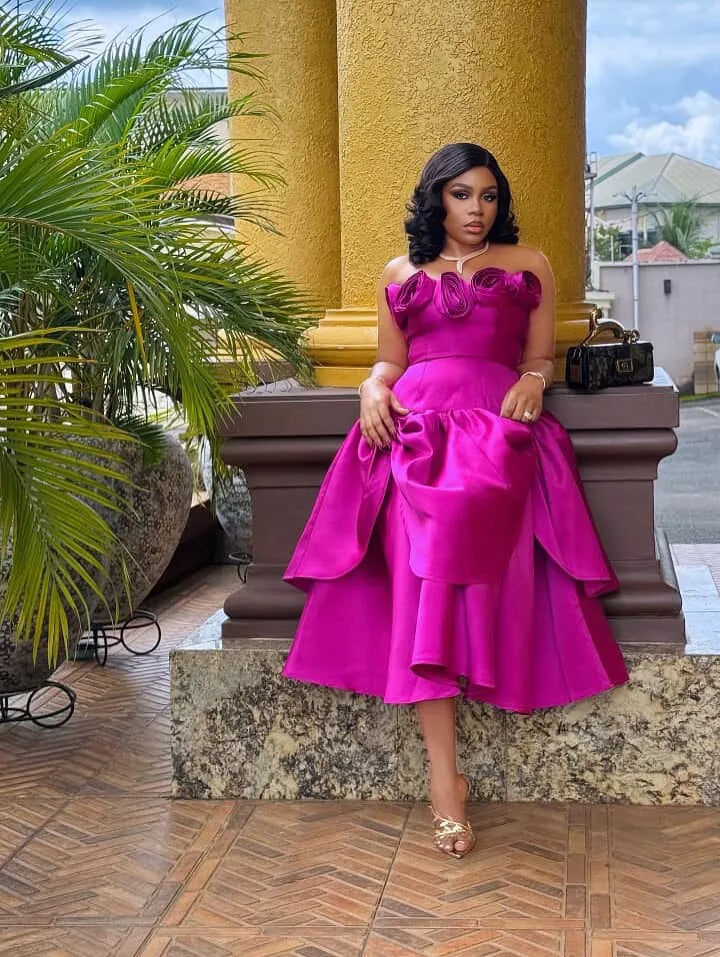 Fashionable Fuchsia Mid Calf Satin Party Dresses With 3D Handmade Flower Detail A-line African Women Dress