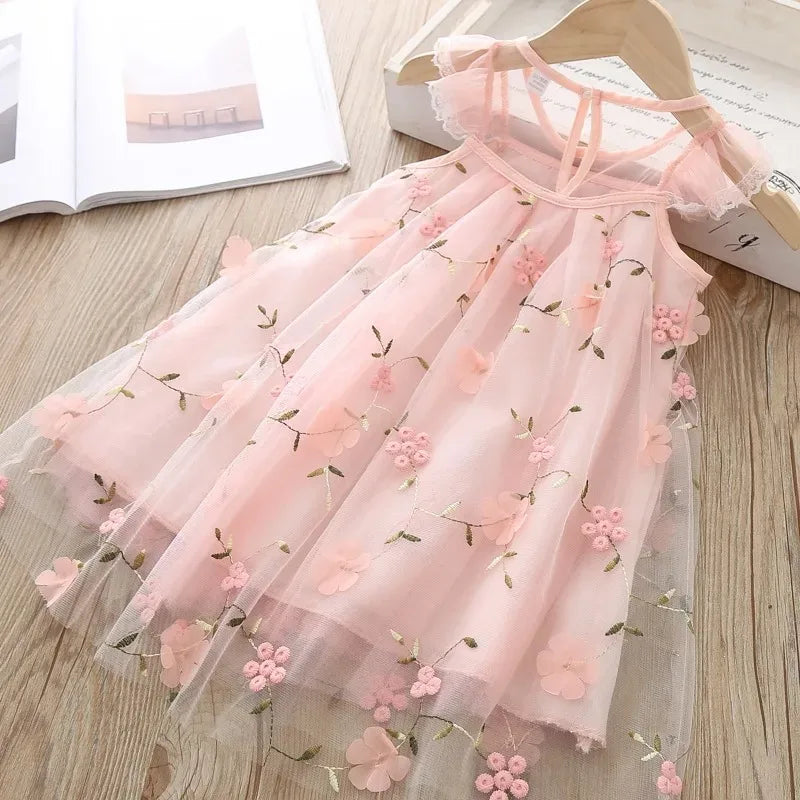 Bear Leader Girls Clothes 2025 Girl Dress New Fashion Princess Clohtings Sweet Flower Embroidery Mesh Dress For 2-6 Years