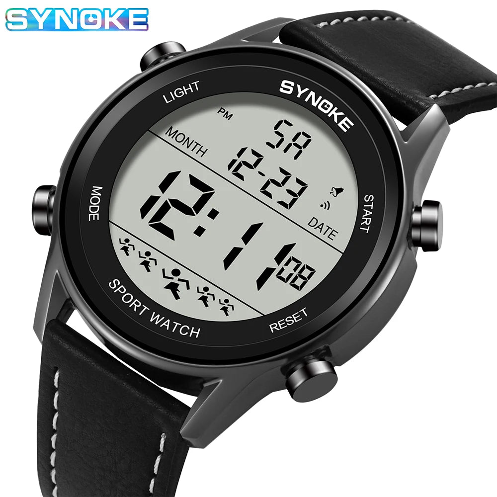 SYNOKE Men Outdoor Sports Multifunctional Waterproof Large Screen Display Luminous LED Digital For Men Fashion Belt Watch