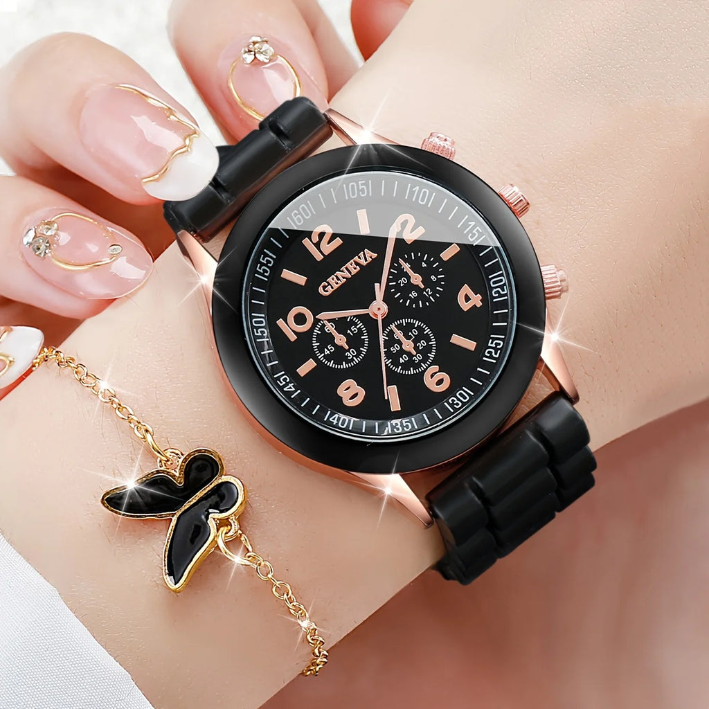 6PCS/Set Women's Watch Casual Silicone Band Quartz Watches Butterfly Jewelry Set(Without Box)