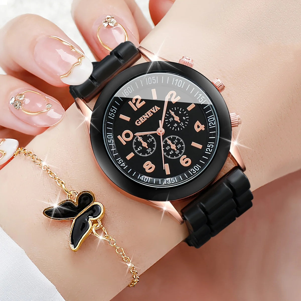 6PCS/Set Women's Watch Casual Silicone Band Quartz Watches Butterfly Jewelry Set(Without Box)