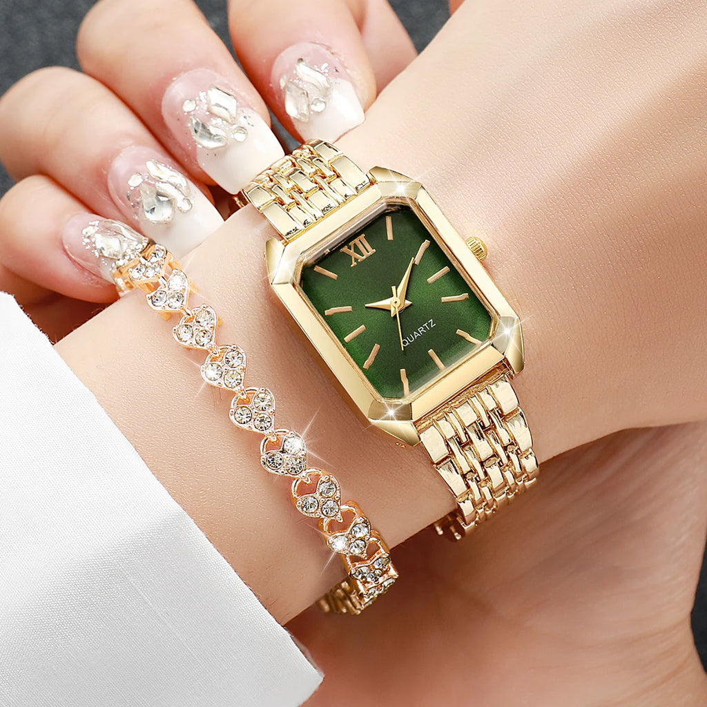 4PCS/Set Elegant Rectangle Women Watches Fashion Ladies Quartz Wristwatch Heart Bracelets Set Reloj Mujer Clock（Without Box）
