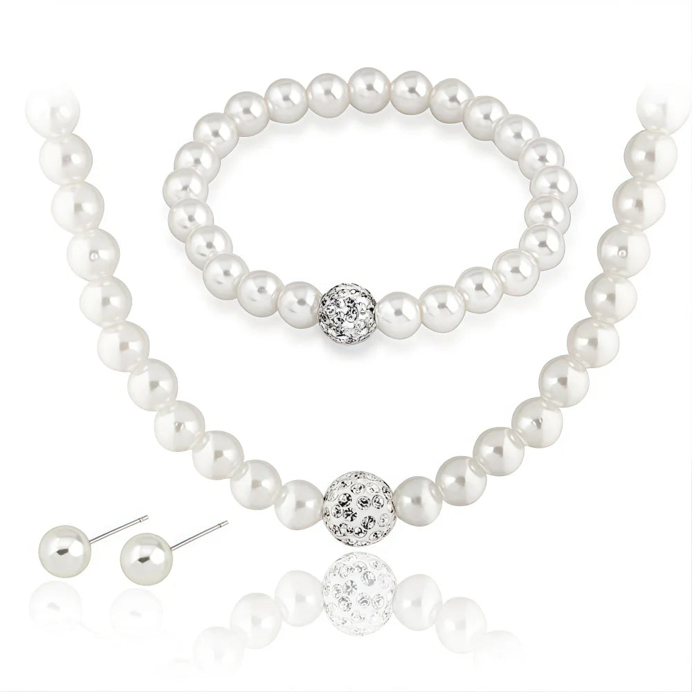 3 PCS Imitation Pearl Fireball Necklace Bracelet Earring Stud Jewelry Set Silver Color Crystal Stone Elegant Bridal Jewelry Gift