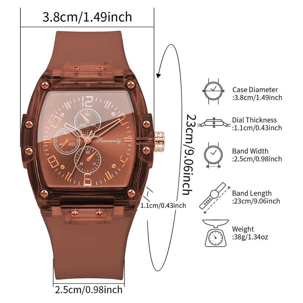 Stylish Women Quartz Watch Brown Silicone Strap Tonneau Dial Students Sports Wristwatches Relogio Feminino（Without Box）