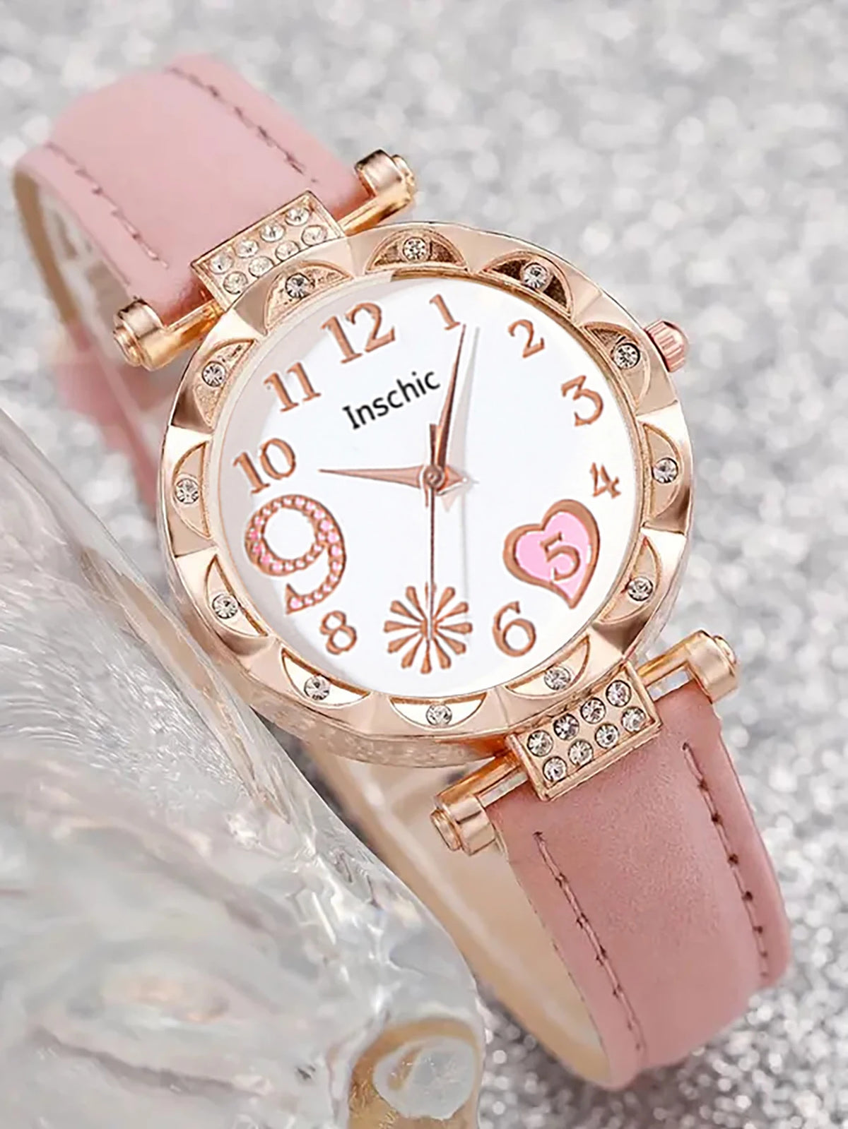 Women's Quartz Watch and Set of Inlaid Jewelry, Gift with Heart-Shaped Design, Does Not Include the Box