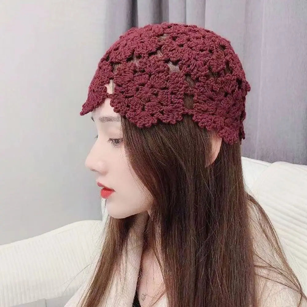 Breathable Hollowed Out Knitted Hat Flowers Casual Beret Cap Summer Fashion Flowers Breathable Cotton Skullies Sun Visor Women