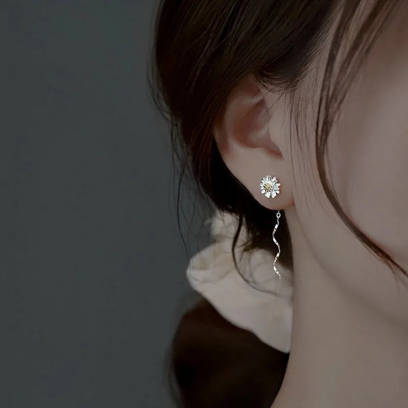 Silver Color Trend Daisy Flower Long Wire Tassel Thread Hanging Earrings For Women Crystal Zircon Piercing Earring Girl Jewelry